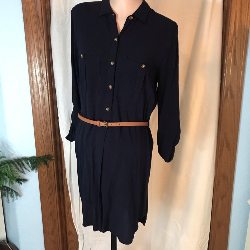 Timing dark blue belted half button down long sleeve dress